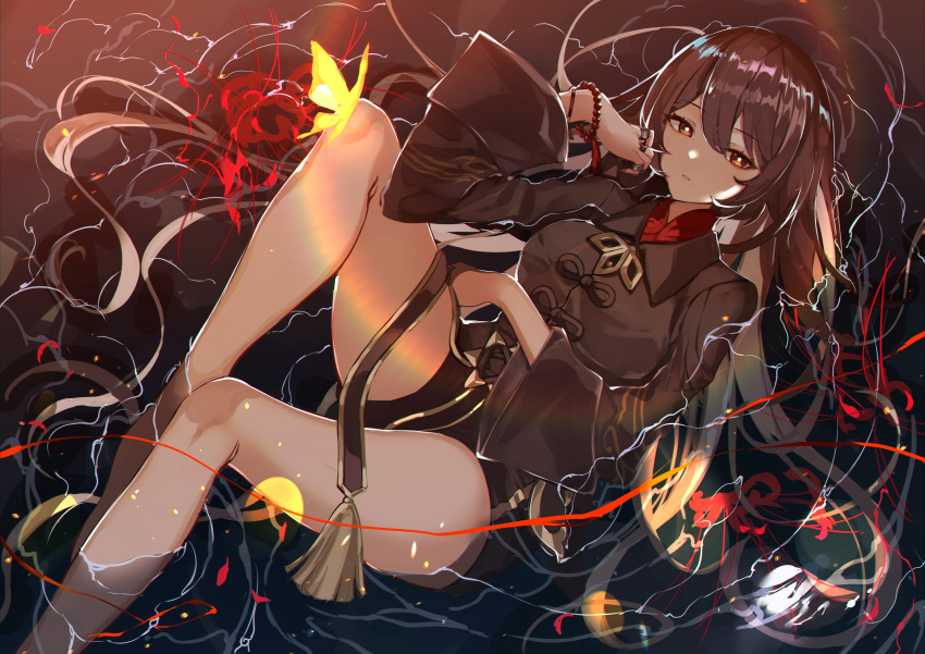 1girl absurdres arm_under_breasts bare_legs bead_bracelet beads bracelet brown_hair bug butterfly eyebrows_visible_through_hair from_above genshin_impact hair_between_eyes half-closed_eyes highres hu_tao_(genshin_impact) jewelry long_hair looking_at_viewer lying on_back parted_lips partially_submerged red_eyes sas_(ls08b) short_shorts shorts solo symbol-shaped_pupils wide_sleeves
