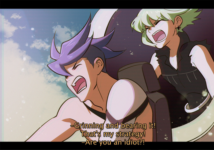 2boys 302 anime_coloring blue_hair cockpit fake_screenshot galo_thymos green_hair letterboxed lio_fotia male_focus mecha multiple_boys promare shirt spiky_hair subtitled torn_clothes torn_shirt vest vhs_artifacts