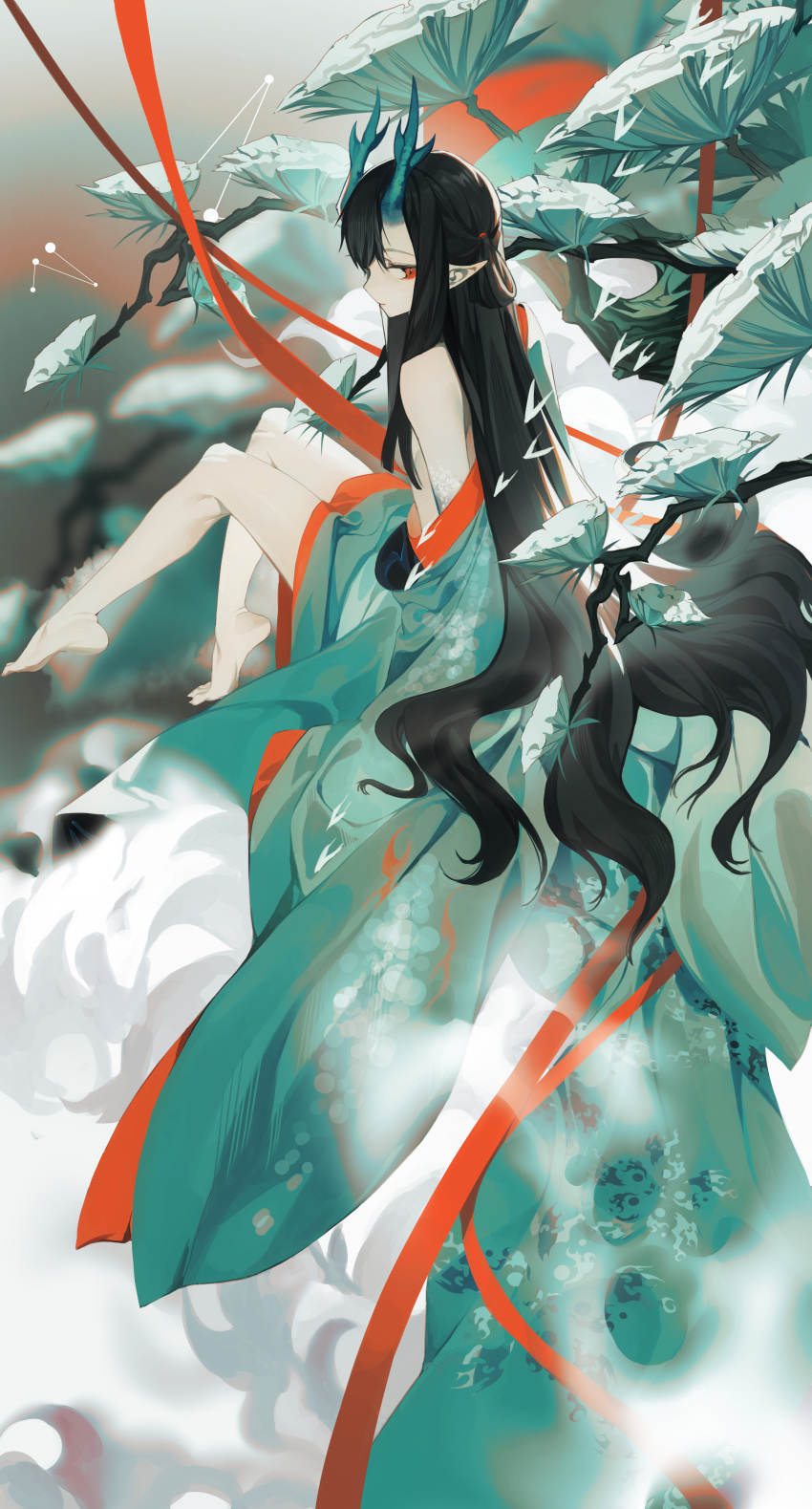 1girl absurdres arknights bare_legs barefoot black_hair chinese_clothes dare_no_inarikami dusk_(arknights) highres horns long_hair off_shoulder pointy_ears red_eyes robe very_long_hair