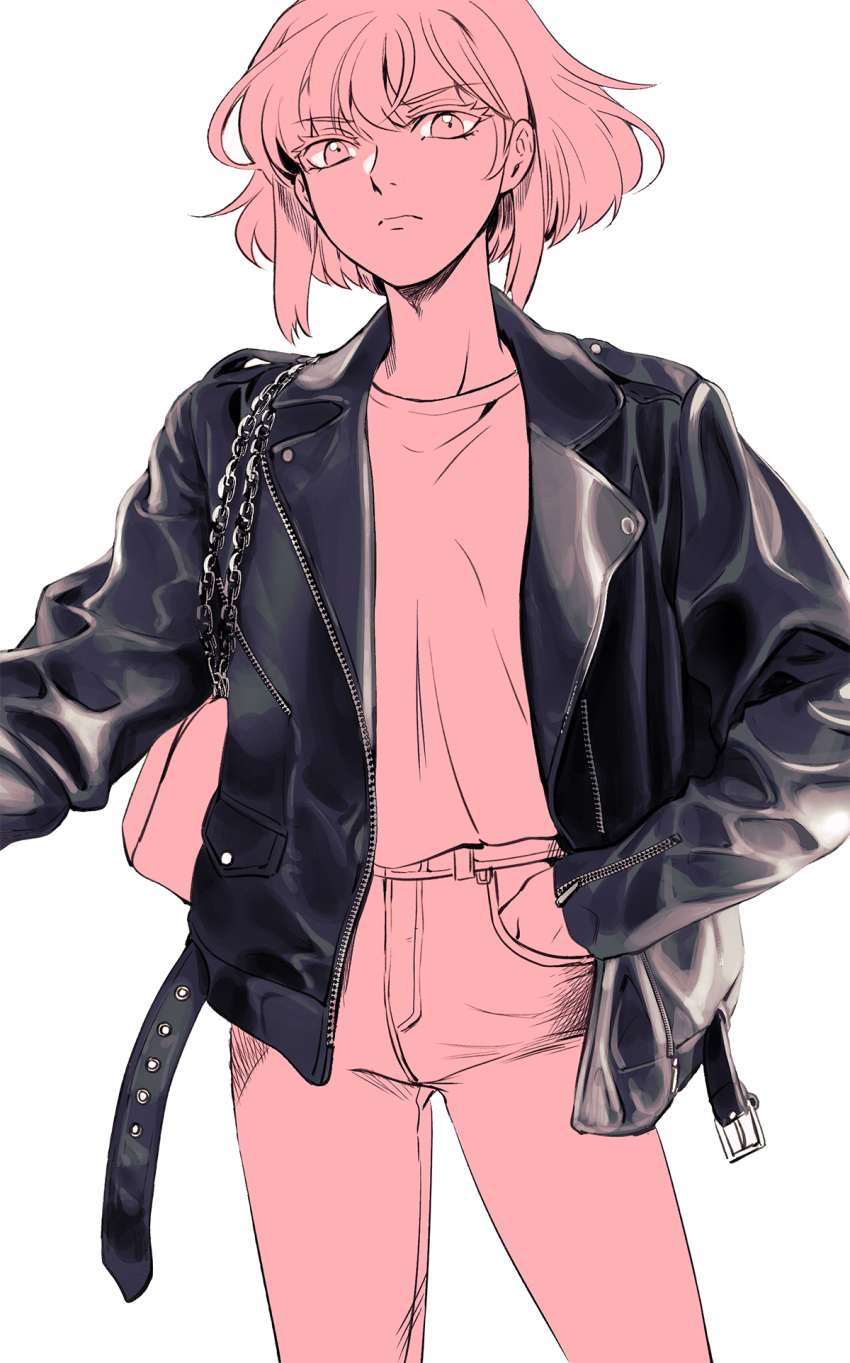 1boy 302 androgynous hand_on_hip highres jacket leather leather_jacket lio_fotia male_focus monochrome promare sidelocks solo