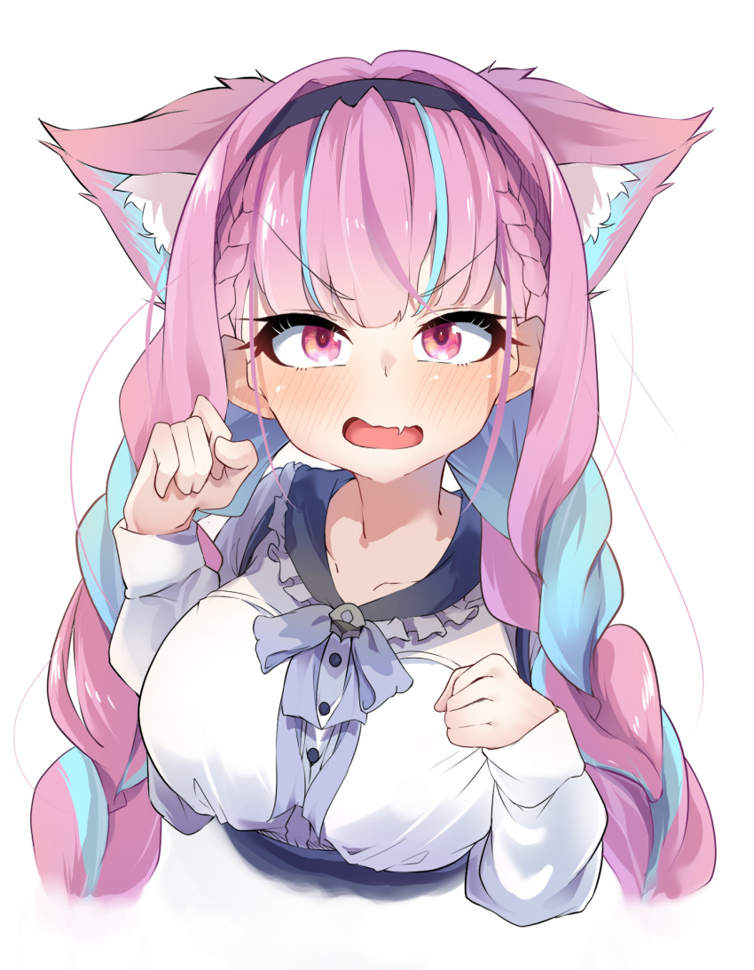 1girl amato_0321 animal_ear_fluff animal_ears bangs blue_bow blue_bowtie blue_hair blue_hairband blush bow bowtie braid breasts cat_ears commentary_request extra_ears eyebrows_visible_through_hair fang frilled_sailor_collar frills hairband highres hololive large_breasts long_sleeves looking_at_viewer minato_aqua multicolored_hair open_mouth pink_eyes pink_hair sailor_collar shirt solo twin_braids twintails two-tone_hair upper_body v-shaped_eyebrows white_shirt
