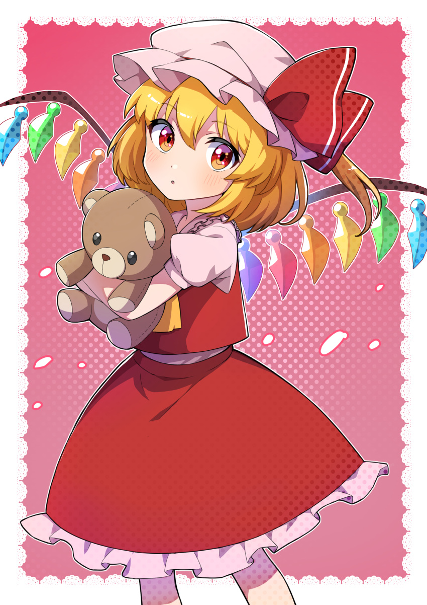 1girl absurdres animal_ears ascot bangs bear_ears black_eyes blonde_hair blush border collared_shirt commentary_request crossed_arms crystal dark_skin eyebrows_visible_through_hair flandre_scarlet frilled_shirt_collar frilled_skirt frills hair_between_eyes hat hat_ribbon highres hug jewelry looking_to_the_side miz_(mizillustration) mob_cap multicolored_wings one_side_up open_mouth pink_background pink_headwear pink_shirt polka_dot polka_dot_background puffy_short_sleeves puffy_sleeves red_eyes red_ribbon red_skirt red_vest ribbon shirt short_hair short_sleeves skirt solo standing stuffed_animal stuffed_toy teddy_bear touhou vest white_border wings yellow_ascot