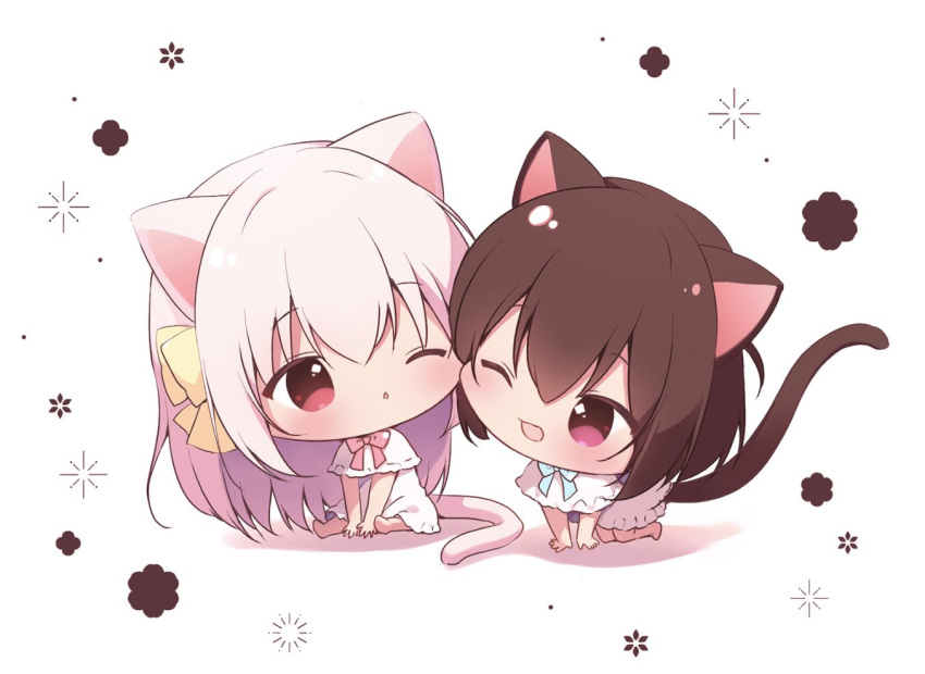 2girls ;d all_fours animal_ears bangs barefoot big_head brown_hair capelet cat_ears cat_girl cat_tail cheek-to-cheek chibi colored_shadow commentary dress eyebrows_visible_through_hair frilled_dress frills grey_hair hair_between_eyes heads_together long_hair miyasaka_naco multiple_girls one_eye_closed original red_eyes shadow sitting smile symbol-only_commentary tail very_long_hair white_background white_capelet white_dress