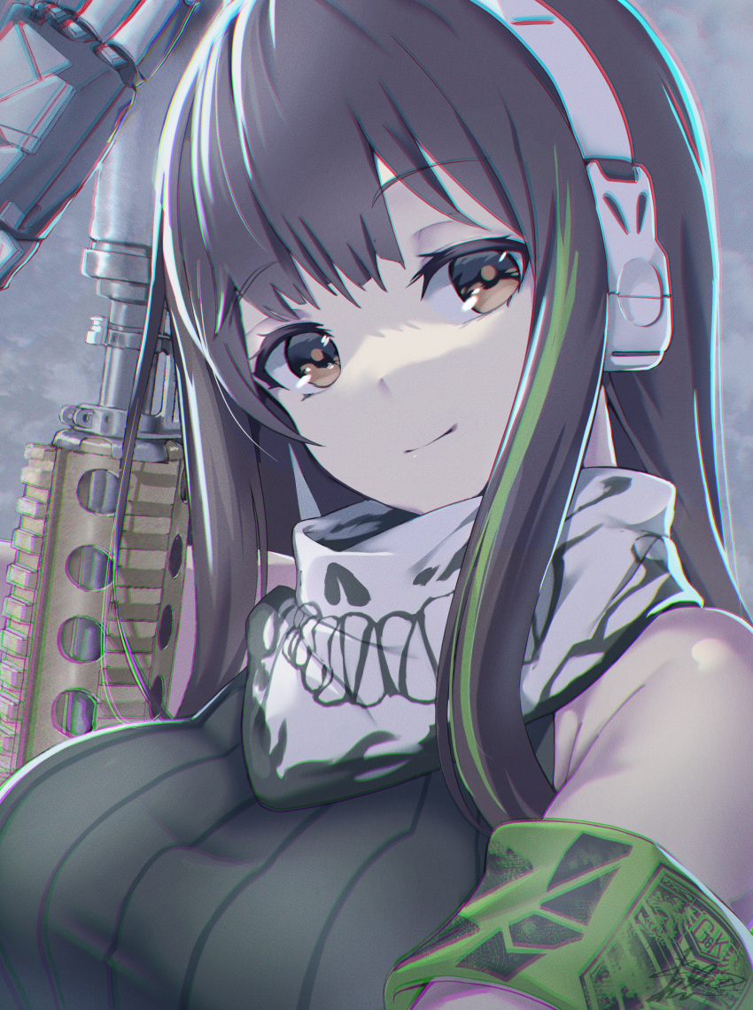 1girl absurdres armband assault_rifle bandana bangs bare_shoulders black_sweater breasts brown_hair chromatic_aberration girls_frontline grifon_&amp;_kryuger gun head_tilt headphones highres kagami_(haret46) large_breasts long_hair looking_at_viewer m4_carbine m4a1_(girls'_frontline) multicolored_hair rifle sleeveless sleeveless_sweater smile solo streaked_hair sweater upper_body weapon yellow_eyes