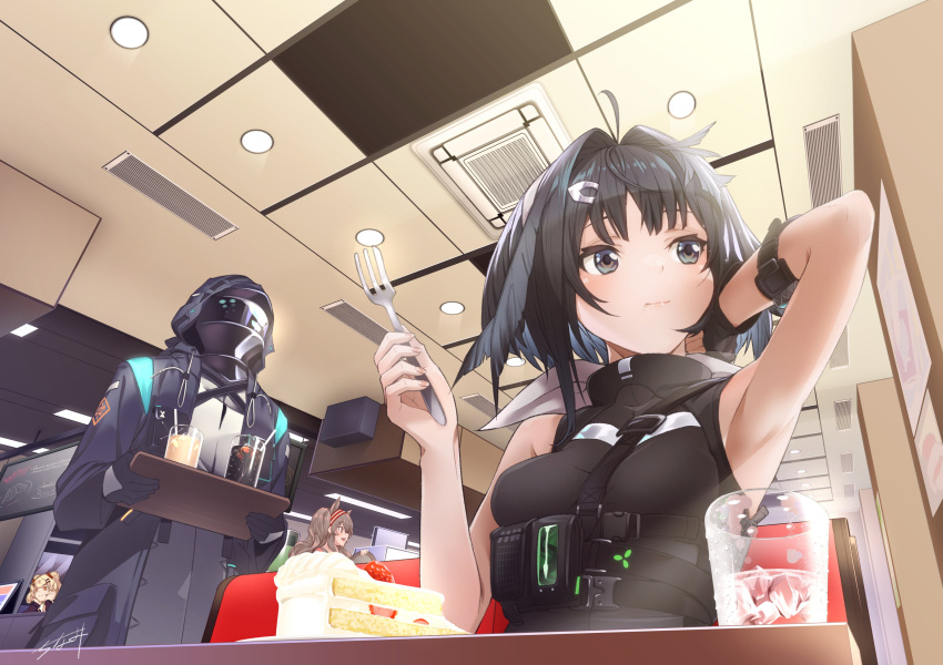 1other 3girls absurdres ahoge angelina_(arknights) animal_ears arknights arm_up armpits bare_arms bare_shoulders black_coat black_eyes black_gloves black_hair blonde_hair blush breasts brown_hair cake cake_slice ceiling_light closed_mouth coat cola doctor_(arknights) eating eyebrows_visible_through_hair feather_hair food fork fox_ears fruit gloves gummy_(arknights) hair_intakes hair_ornament hairclip hand_up highres holding holding_fork holding_tray hood hood_up hooded_coat ice ice_cube indoors la_pluma_(arknights) long_sleeves looking_away looking_to_the_side mask medium_breasts multiple_girls restaurant seto_tinami short_hair signature sitting sleeveless strawberry table tray twintails upper_body