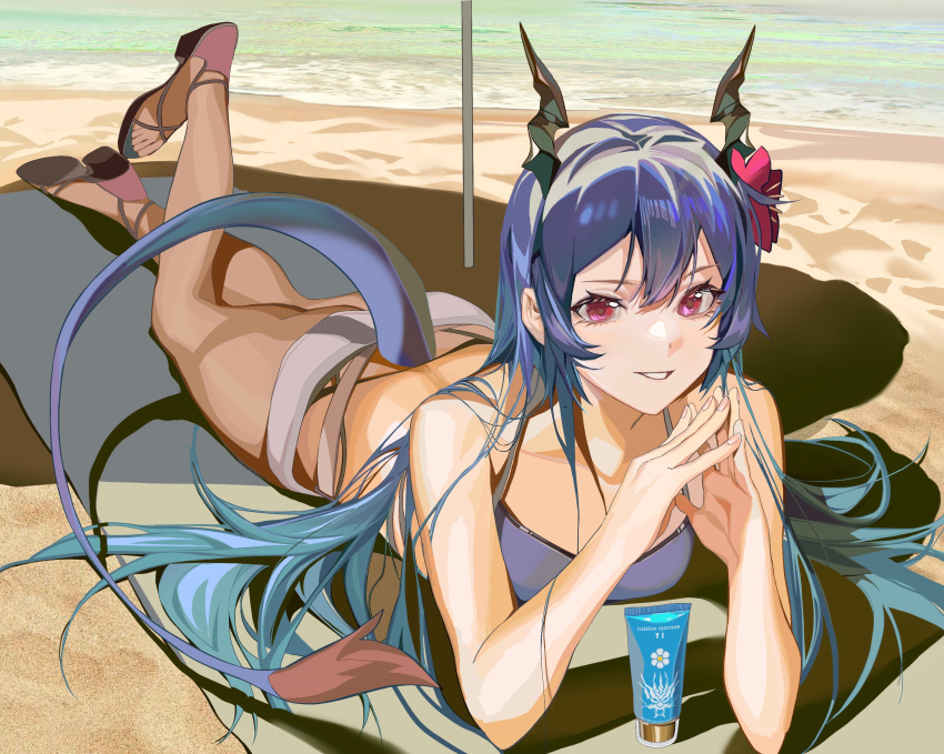 1girl absurdres arknights bangs bare_legs bare_shoulders beach bikini blue_bikini blue_hair ch'en_(arknights) ch'en_the_holungday_(arknights) chinese_commentary commentary_request dragon_horns dragon_tail flower great_lungmen_logo grin hair_between_eyes hair_flower hair_ornament hands_up highres horns ken_(1057168252) long_hair looking_at_viewer lotion_bottle lying on_stomach own_hands_together pink_eyes red_flower sandals shadow smile solo steepled_fingers swimsuit tail thighs