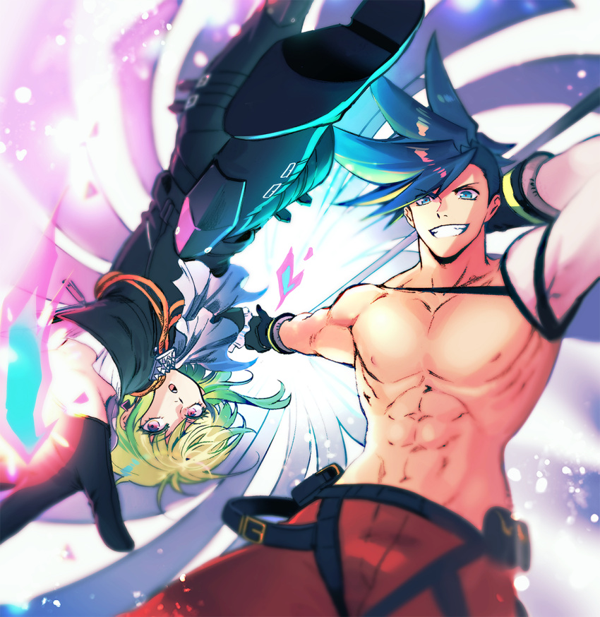 2boys 302 black_gloves black_jacket blue_fire blue_hair blurry depth_of_field detached_sleeves earrings fire galo_thymos gloves green_hair grin half_gloves heart highres jacket jewelry lio_fotia male_focus matoi multiple_boys muscular muscular_male nipples promare purple_fire pyrokinesis short_hair single_detached_sleeve smile spiky_hair spiral topless_male violet_eyes