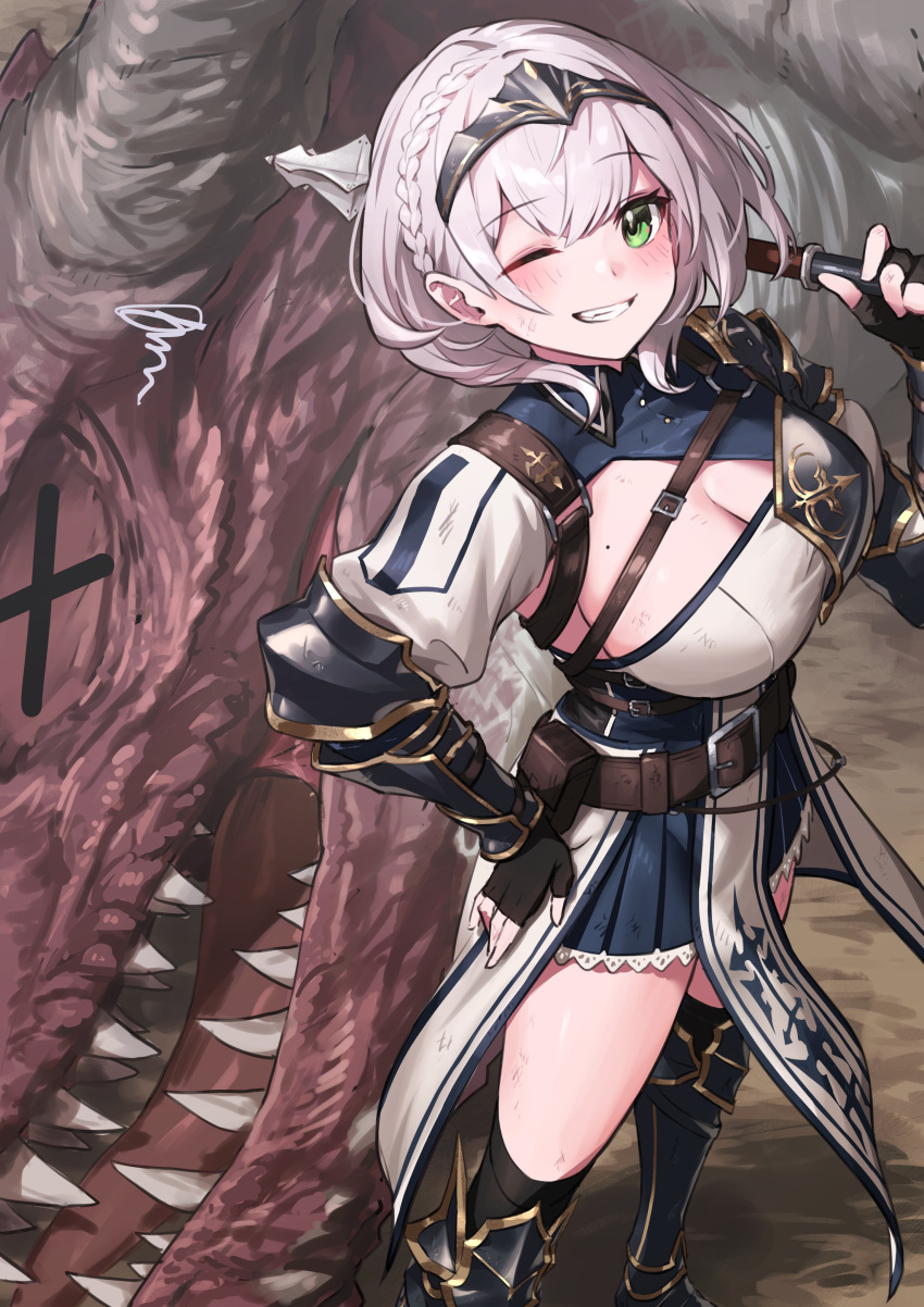 1girl ;) absurdres bangs belt black_hairband blue_skirt blush boobplate braid breasts brown_belt chest_harness commentary_request eyebrows_visible_through_hair fingerless_gloves gloves green_eyes grin hairband harness highres holding holding_weapon hololive large_breasts leg_armor looking_at_viewer medium_hair nemoto_yuuma one_eye_closed over_shoulder pleated_skirt shirogane_noel shirt simple_background skirt smile solo standing virtual_youtuber weapon weapon_over_shoulder white_shirt x_x