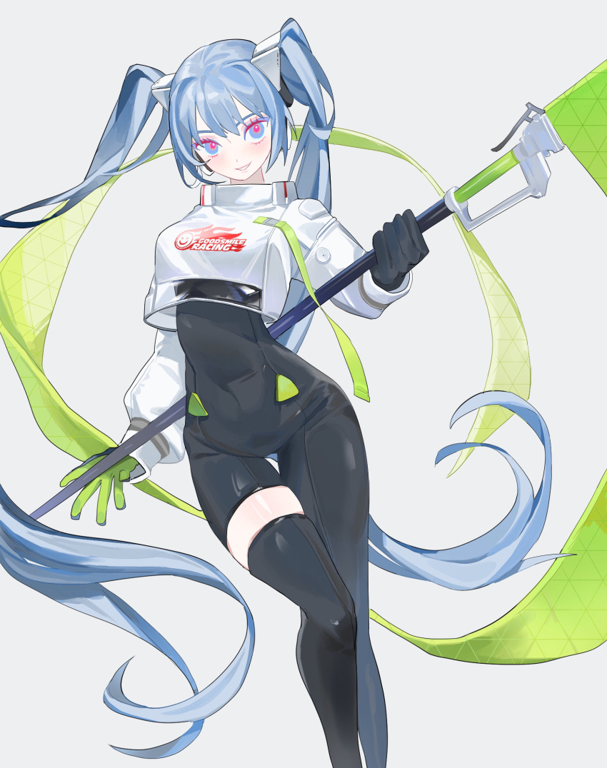 1girl asymmetrical_legwear bizarre_cuco black_bodysuit black_gloves black_legwear blue_eyes blue_hair bodysuit commentary contrapposto crop_top crop_top_overhang cropped_jacket feet_out_of_frame flag flagpole flame_print gloves goodsmile_racing green_gloves grey_background hair_ornament hatsune_miku highres holding holding_pole jacket logo long_hair multicolored_eyes parted_lips pole racing_miku racing_miku_(2022) red_eyes ringed_eyes single_thighhigh smile smiley_face solo thigh-highs thigh_gap twintails very_long_hair vocaloid white_jacket