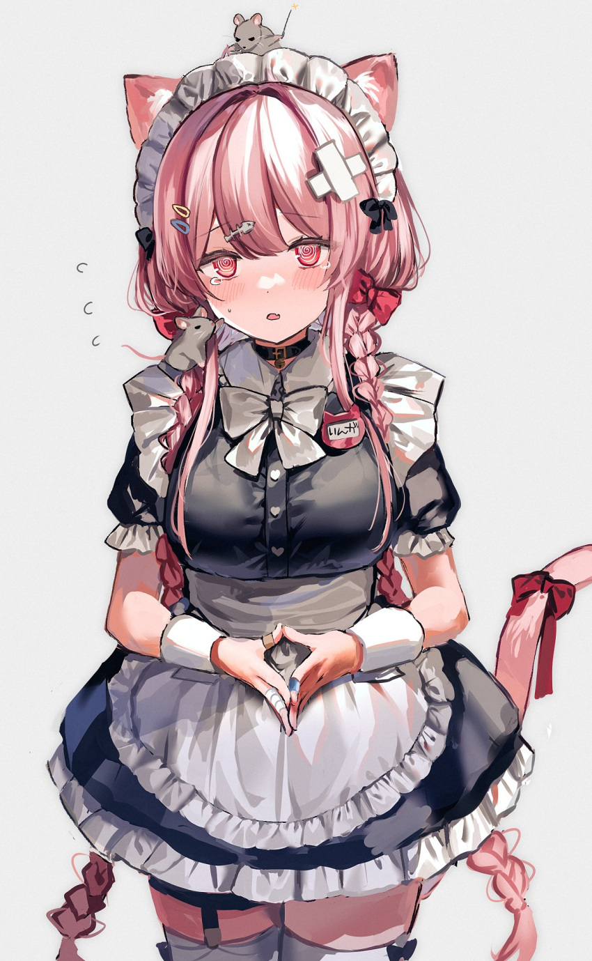1girl @_@ animal_ear_fluff animal_ears apron bandaged_hand bandages bandaid bandaid_on_hand bangs black_choker black_skirt blush bow bowtie braid breasts cat_ears cat_girl cat_tail choker commentary dress eyebrows_visible_through_hair frilled_apron frilled_dress frilled_sleeves frills hair_ornament hairclip highres large_breasts long_hair looking_at_viewer maid maid_headdress mouse_on_head mouse_on_shoulder original own_hands_together parted_lips pink_eyes pink_hair red_ribbon ribbon short_sleeves simple_background skirt solo standing symbol-only_commentary tail tail_ornament tail_ribbon tearing_up thigh-highs twin_braids very_long_hair white_apron white_bow white_bowtie white_legwear wrist_cuffs x_hair_ornament y_o_u_k_a