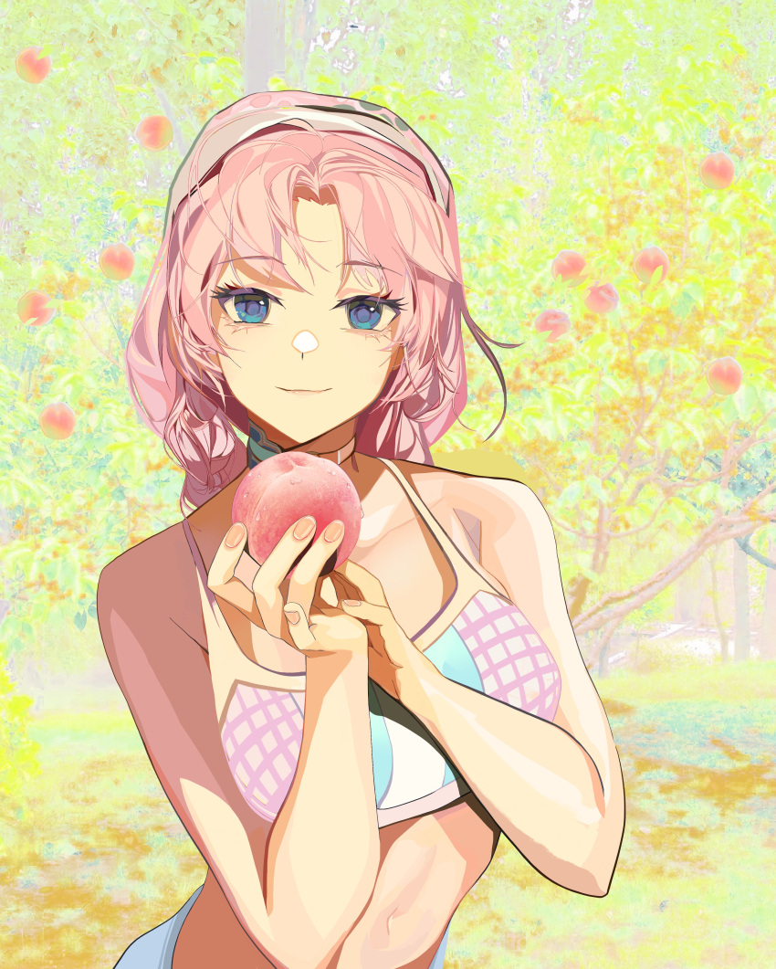 1girl absurdres arknights bangs bare_arms bare_shoulders blue_eyes blue_poison_(arknights) blue_poison_(shoal_beat)_(arknights) breasts chinese_commentary choker commentary_request crop_top eyebrows_visible_through_hair food fruit hairband hands_up highres holding holding_food holding_fruit ken_(1057168252) long_hair looking_at_viewer midriff peach pink_choker pink_hair small_breasts smile solo spaghetti_strap sports_bra stomach upper_body
