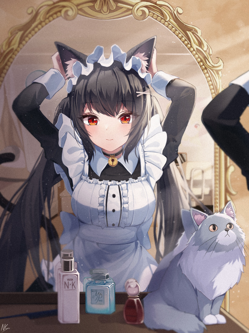 1girl animal_ear_fluff animal_ears apron arms_up bangs bell black_choker black_dress bottle breasts cat_ears cat_girl cat_tail center_frills choker closed_mouth commentary_request dress eyebrows_visible_through_hair eyes_visible_through_hair frilled_apron frills highres indoors jingle_bell large_breasts light_particles long_hair maid maid_headdress mirror nankam neck_bell original red_eyes reflection smile solo tail very_long_hair white_apron