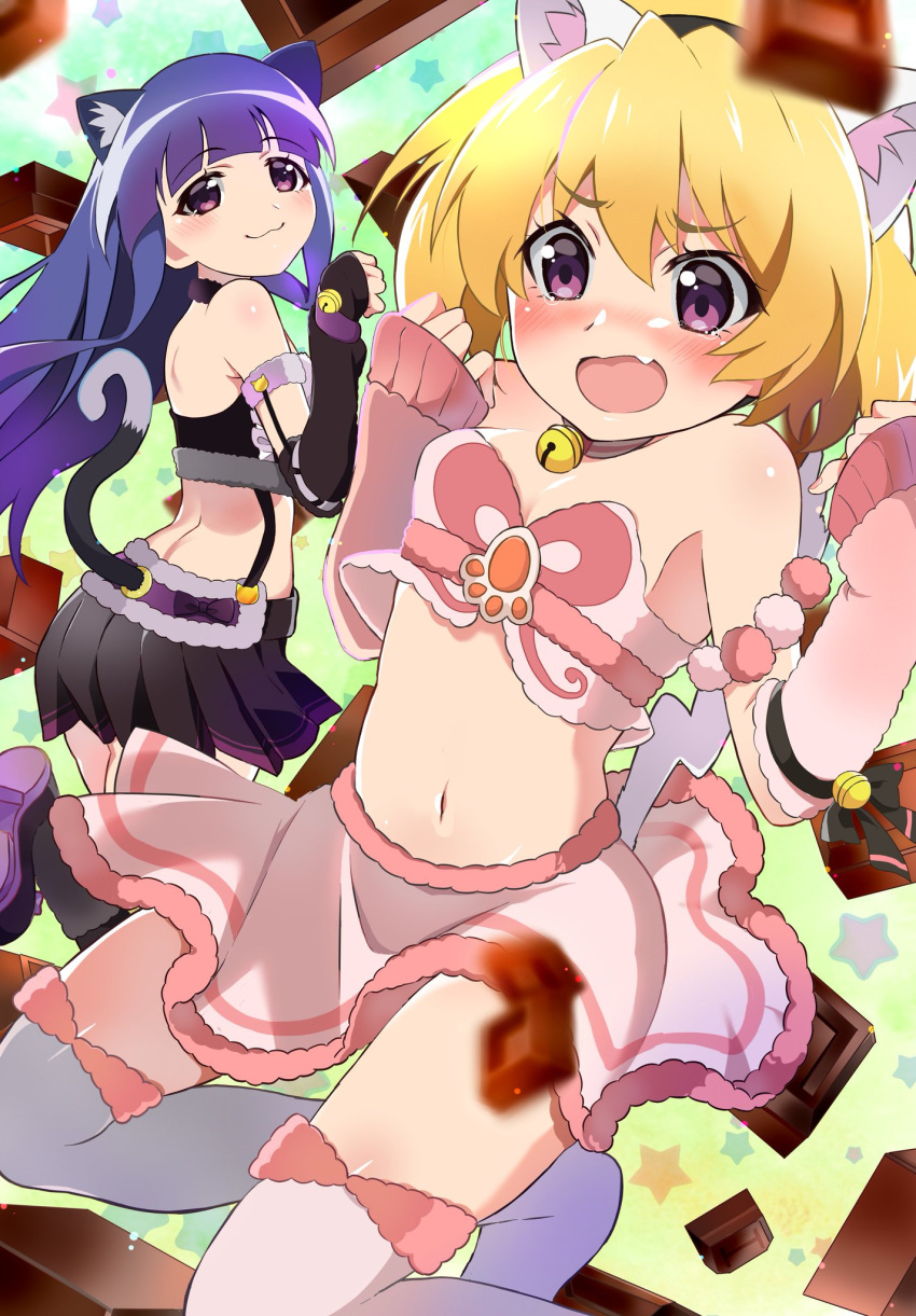 2girls :3 alternate_costume animal_ear_fluff animal_ears anime_coloring armpit_crease bandeau bangs bare_shoulders bell black_bow black_hairband black_skirt blonde_hair blue_hair blunt_bangs blurry blurry_foreground blush bow breasts cat_ears cat_tail chocolate closed_mouth collar cowboy_shot detached_sleeves embarrassed eyebrows_visible_through_hair fang fur-trimmed_legwear fur-trimmed_skirt fur_trim furude_rika hairband highres higurashi_no_naku_koro_ni houjou_satoko jingle_bell long_hair looking_at_viewer looking_back looking_down mashimaro_tabetai midriff multiple_girls navel neck_bell open_mouth paw_pose pink_skirt pleated_skirt pom_pom_(clothes) shiny shiny_hair shiny_skin short_hair skirt sleeves_past_wrists small_breasts star_(symbol) strapless tail tearing_up thigh-highs violet_eyes white_legwear