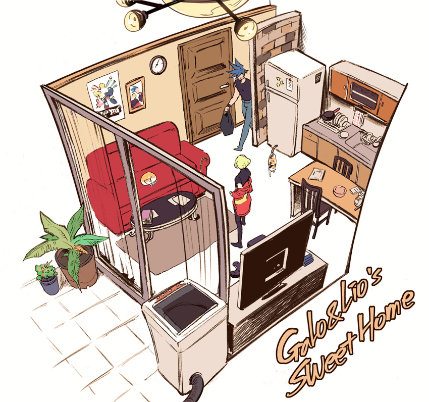 2boys 302 apartment blonde_hair blue_hair cat couch door galo_thymos green_hair isometric kitchen lio_fotia multiple_boys poster_(object) promare refrigerator sink spiky_hair