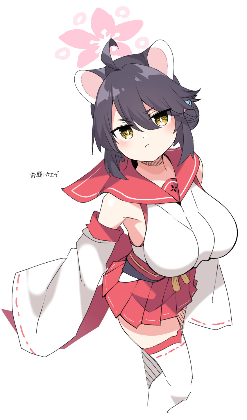1girl absurdres ahoge animal_ears black_hair blue_archive breasts detached_sleeves feet_out_of_frame flower hair_between_eyes hair_bun halo highres japanese_clothes kaede_(blue_archive) kandori large_breasts long_sleeves looking_at_viewer pleated_skirt pout red_sailor_collar red_skirt sailor_collar short_hair simple_background skirt sleeveless solo thigh-highs white_background white_legwear yellow_eyes