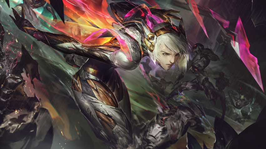 1girl absurdres android character_request check_character closed_mouth fighting gem glowing glowing_eyes grey_hair hair_ornament highres irelia league_of_legends night outdoors power_armor project:_irelia rain red_eyes short_hair solo wutu_(1183238220)