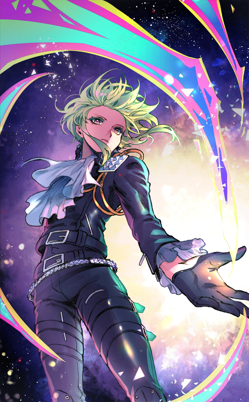 1boy 302 ascot black_gloves black_jacket blue_fire cowboy_shot earrings fire gloves green_fire green_hair half_gloves highres jacket jewelry leather leather_pants lio_fotia male_focus outstretched_hand pants pink_fire promare purple_fire pyrokinesis solo standing violet_eyes