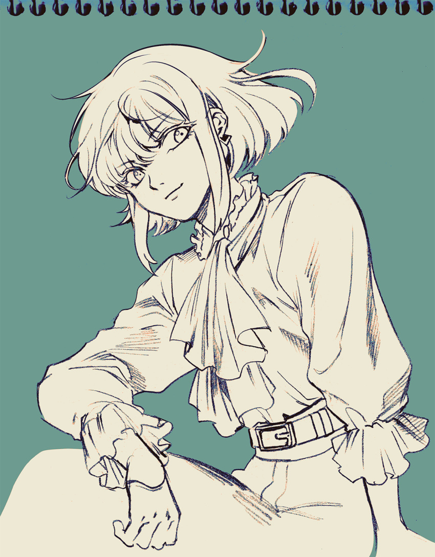 1boy 302 androgynous ascot frilled_shirt frills graphite_(medium) highres lio_fotia male_focus mixed_media monochrome promare shirt short_hair_with_long_locks sitting smile solo traditional_media