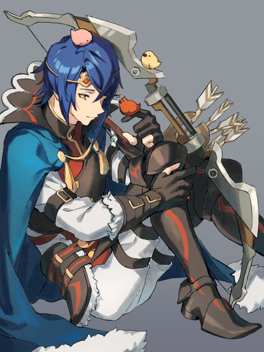 1boy alcryst_(fire_emblem) animal arrow_(projectile) bird blue_cape blue_hair bow_(weapon) brown_gloves cape circlet closed_mouth fire_emblem fire_emblem_engage fur_trim gloves hahahashagi high_collar highres holding holding_bow_(weapon) holding_weapon long_sleeves male_focus on_ground red_eyes shoes short_hair sitting solo weapon