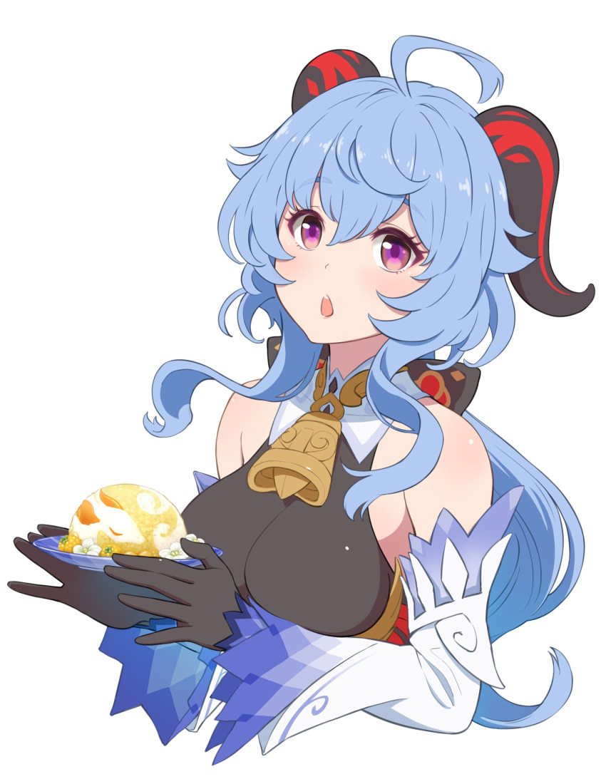 1girl absurdres ahoge bangs bare_shoulders bell black_gloves blue_hair blush bow breasts chestnut_mouth detached_sleeves eyebrows_visible_through_hair food ganyu_(genshin_impact) genshin_impact gloves gold_trim highres holding holding_food horns long_hair looking_at_viewer low_ponytail medium_breasts neck_bell prosperous_peace_(genshin_impact) sidelocks solo upper_body violet_eyes warabi_yuuzou white_background white_sleeves