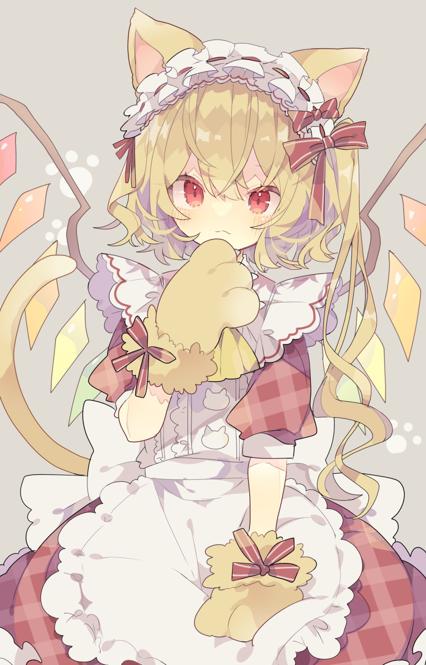 1girl absurdres adapted_costume alternate_headwear animal_ears animal_hands animal_print apron bangs blonde_hair blush bow bow_hairband cat_ears cat_print cat_tail closed_mouth commentary crystal diamond-shaped_pupils diamond_(shape) dress flandre_scarlet gloves grey_background hair_between_eyes hairband hand_on_own_chin hand_up highres kemonomimi_mode lolita_hairband looking_at_viewer maid nikorashi-ka one_side_up paw_gloves paw_print paw_print_background puffy_short_sleeves puffy_sleeves red_bow red_dress red_eyes red_ribbon ribbon ribbon-trimmed_hairband sash short_hair short_sleeves simple_background solo symbol-shaped_pupils tail touhou white_apron white_bow white_hairband white_sash wings