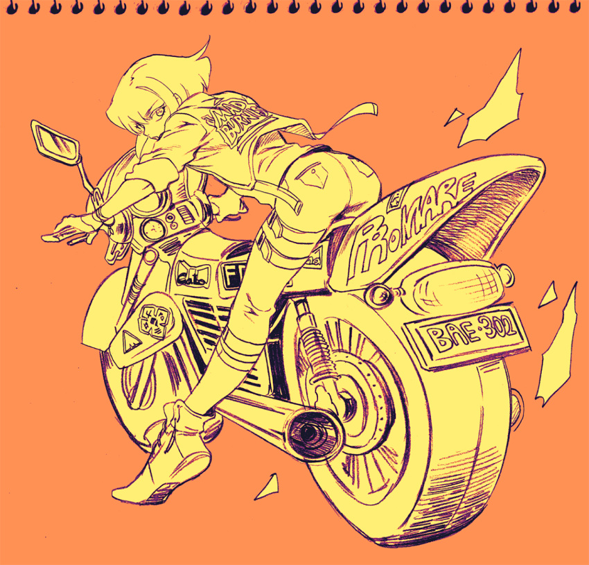 1boy 302 ascot ass bent_over from_behind gloves ground_vehicle half_gloves jacket leather leather_jacket lio_fotia male_focus monochrome motor_vehicle motorcycle promare solo