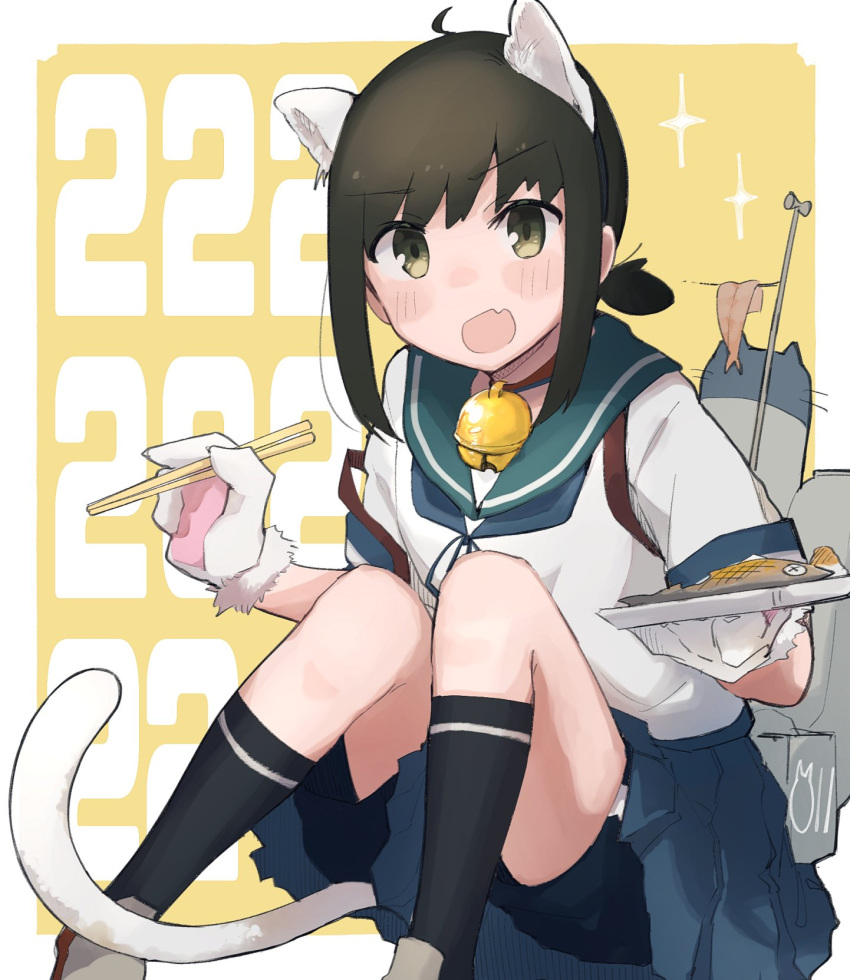 1girl animal_ears animal_hands bangs bell black_hair brown_eyes cat_ears cat_paws cat_tail chopsticks fang fish fubuki_(kancolle) highres kantai_collection low_ponytail ma_rukan mittens neck_bell open_mouth pants pants_under_skirt ponytail rigging saury school_uniform skin_fang skirt tail