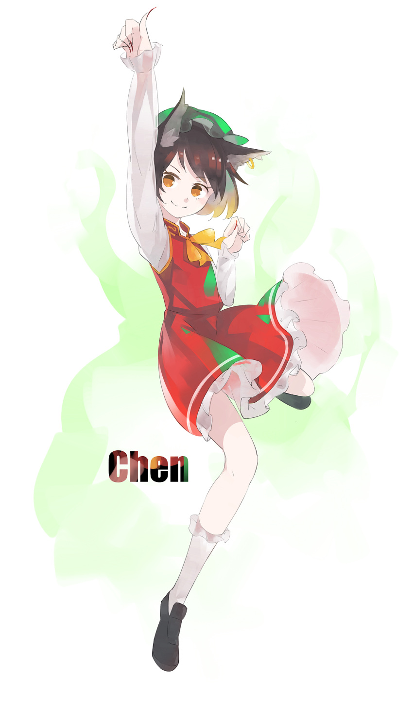 1girl animal_ears arm_up bangs black_footwear bow bowtie brown_eyes brown_hair cat_ears character_name chen closed_mouth dress earrings fingernails green_headwear hat highres jewelry kneehighs long_fingernails mob_cap nail_polish no_tail o_(crazyoton46) paw_pose petticoat red_dress red_nails short_hair simple_background single_earring smile solo standing standing_on_one_leg swept_bangs touhou white_background white_legwear yellow_bow yellow_bowtie