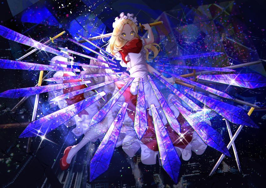 1girl absurdres apron blonde_hair dress frilled_dress frills hair_ornament highres holding holding_sword holding_weapon long_hair maid maid_headdress nettian51 red_dress red_footwear sparkle sword touhou touhou_(pc-98) weapon white_legwear yellow_eyes yumeko_(touhou)