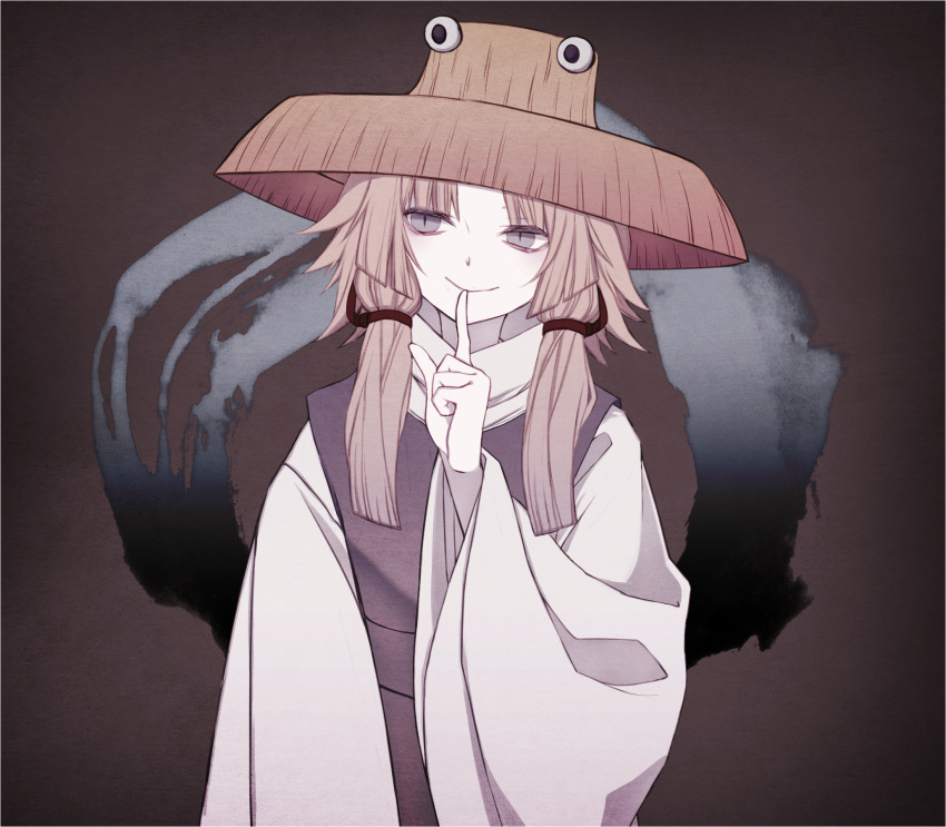 1girl bangs blonde_hair brown_background brown_headwear closed_mouth collared_shirt commentary eyebrows_behind_hair finger_to_mouth grey_eyes hair_ribbon hand_up hat head_tilt high_collar highres long_sleeves looking_at_viewer moi2m3 moriya_suwako parted_bangs purple_skirt purple_vest red_ribbon ribbon shirt short_hair_with_long_locks shushing sidelocks simple_background skirt skirt_set slit_pupils smile solo touhou upper_body vest white_shirt wide_sleeves