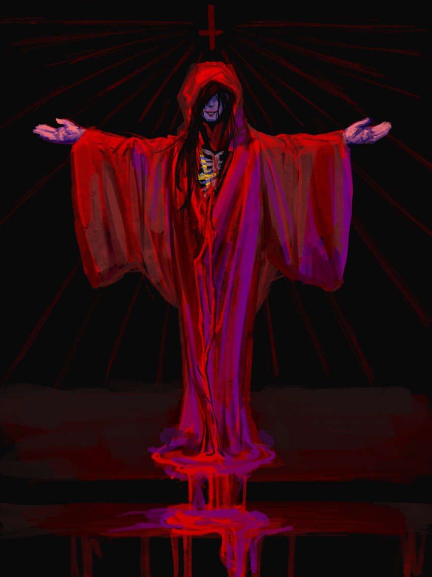 1boy bangs bleeding blood brown_hair chinese_commentary commentary_request cross cyan-ine hidden_face highres inverted_cross long_hair lord_of_the_mysteries mr._a open_arms pool_of_blood red_robe smile solo stairs