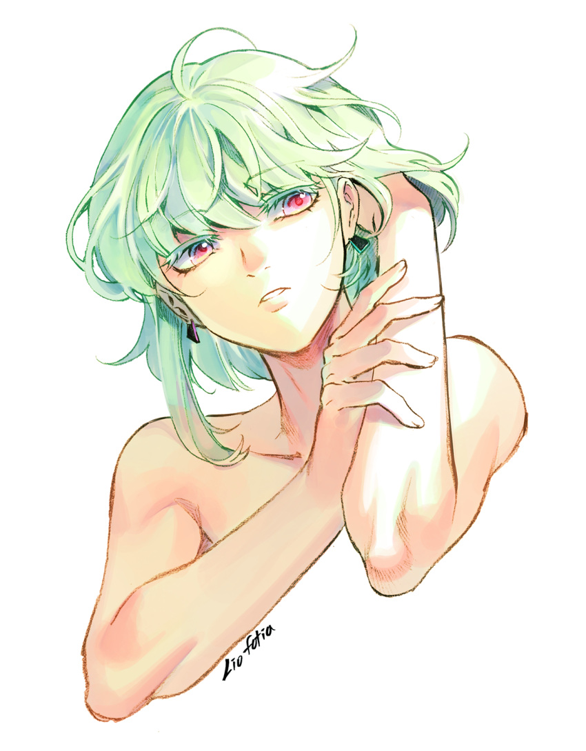 1boy 302 androgynous colored_eyelashes green_hair half-closed_eyes highres lio_fotia male_focus promare sidelocks solo topless_male violet_eyes