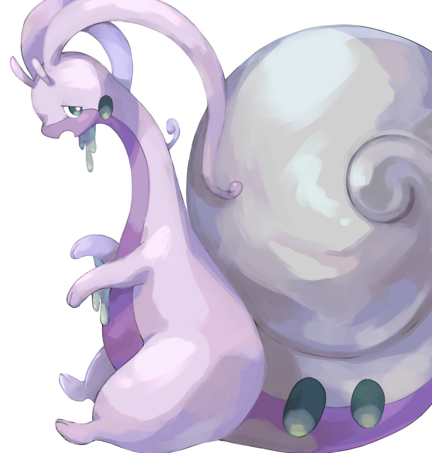 bright_pupils commentary_request from_side green_eyes highres hisuian_goodra no_humans nume_0859 pokemon pokemon_(creature) simple_background slime_(substance) solo white_background white_pupils