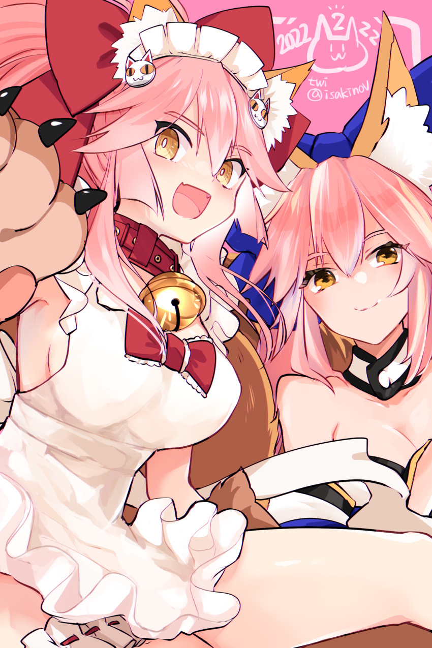 2girls animal_ear_fluff animal_ears animal_hands apron blue_bow blue_kimono bow breasts cat_hair_ornament collar detached_collar fate/grand_order fate_(series) fox_ears fox_girl fox_tail gloves hair_bow hair_ornament highres japanese_clothes kimono large_breasts large_pectorals multiple_girls naked_apron no_bra no_eyewear no_panties no_underwear paw_gloves pectorals pink_eyebrows pink_hair red_bow red_collar smile sukiniyaru tail tamamo_(fate) tamamo_(fate)_(all) tamamo_cat_(fate) tamamo_no_mae_(fate) tamamo_no_mae_(fate/extra) white_apron yellow_eyes