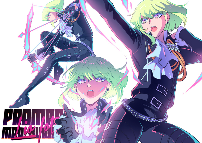 302 arrow_(projectile) ascot black_gloves black_jacket blue_fire bow_(weapon) drawing_bow fire gloves green_hair half_gloves holding holding_bow_(weapon) holding_weapon jacket lio_fotia male_focus multiple_views promare purple_fire pyrokinesis violet_eyes weapon