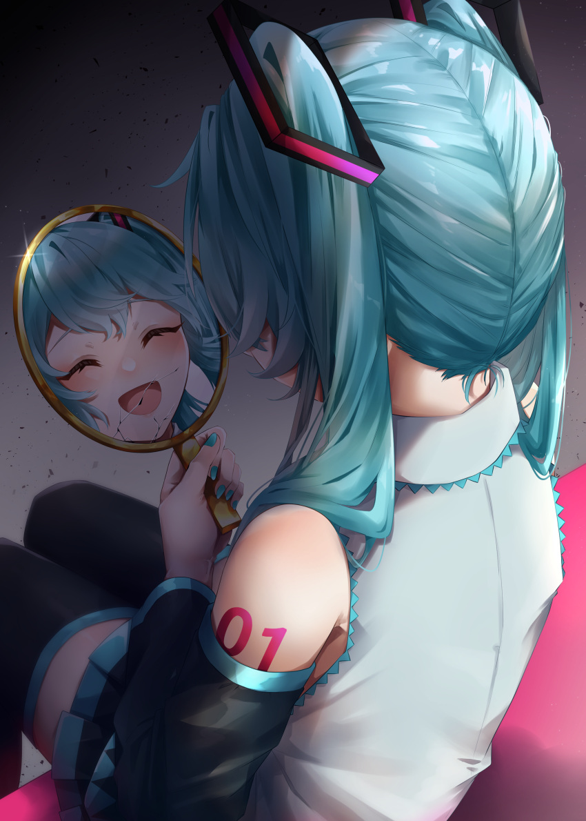 1girl absurdres aqua_hair aqua_nails bare_shoulders black_background black_legwear black_skirt black_sleeves blush closed_eyes commentary cracked_glass detached_sleeves from_above from_behind grey_shirt hair_ornament hand_mirror hatsune_miku highres holding holding_mirror long_hair miniskirt mirror nail_polish open_mouth pleated_skirt shirt shoulder_tattoo sitting skirt sleeveless sleeveless_shirt smile solo tattoo thigh-highs touka_haru twintails vocaloid zettai_ryouiki