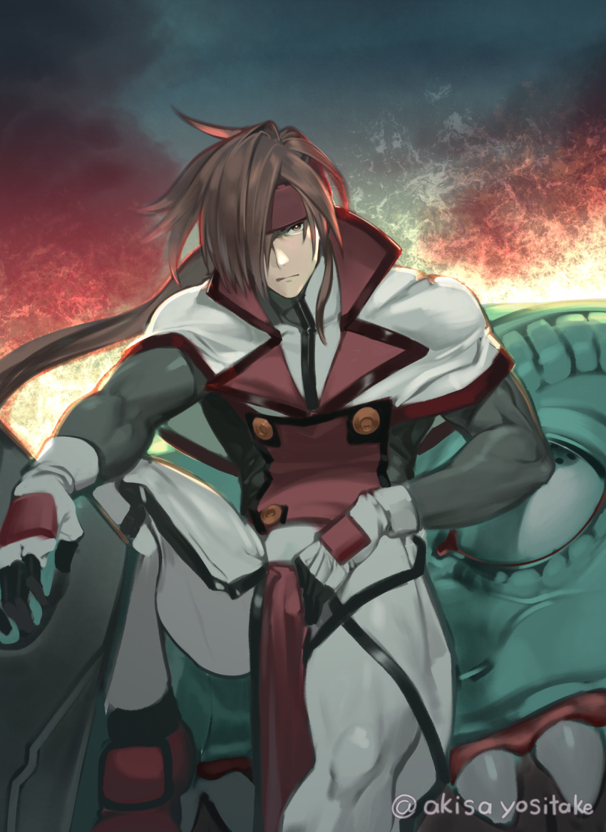 1boy akisa_(12023648) belt brown_eyes brown_hair clouds english_text fangs fire flame gloves guilty_gear guilty_gear_xx hair_between_eyes hair_down hair_over_one_eye headband highres holding holding_sword holding_weapon long_hair looking_at_viewer male_focus monster order-sol ponytail smoke sol_badguy solo sword tied_hair twitter_username weapon white_background white_gloves