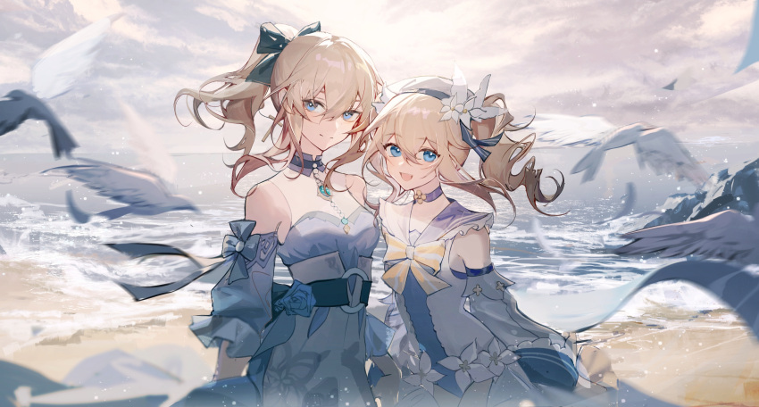 2girls 52hertz :d absurdres barbara_(genshin_impact) barbara_(summertime_sparkle)_(genshin_impact) beach bird black_bow blonde_hair blue_choker blue_dress blue_eyes blue_flower blue_rose blue_swimsuit bow breasts brooch chinese_commentary choker closed_mouth clouds cloudy_sky cowboy_shot cross cross_earrings day detached_collar detached_sleeves dress drill_hair earrings eyebrows_visible_through_hair flower genshin_impact hair_between_eyes hair_bow hair_flower hair_ornament hat highres jean_(genshin_impact) jean_(sea_breeze_dandelion)_(genshin_impact) jewelry light_smile looking_at_viewer medium_breasts medium_hair motion_blur multiple_girls o-ring ocean official_alternate_costume one-piece_swimsuit open_mouth outdoors ponytail rose sailor_collar sailor_hat sidelocks sky small_breasts smile swimsuit swimsuit_under_clothes twin_drills twintails white_dress white_flower white_headwear wind
