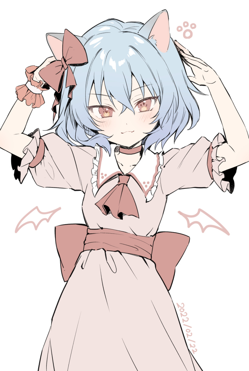 1girl :3 animal_ear_fluff arms_up ascot back_bow bangs blue_hair bow breasts choker collarbone cowboy_shot crossed_bangs detached_wings drawn_wings dress fang frilled_shirt_collar frills hair_between_eyes hair_bow hands_up highres kemonomimi_mode looking_at_viewer medium_hair mini_wings no_hat no_headwear pink_dress pink_eyes puffy_short_sleeves puffy_sleeves red_ascot red_bow red_choker remilia_scarlet short_sleeves simple_background skin_fang small_breasts solo touhou white_background wings wrist_cuffs yuki_(popopo)