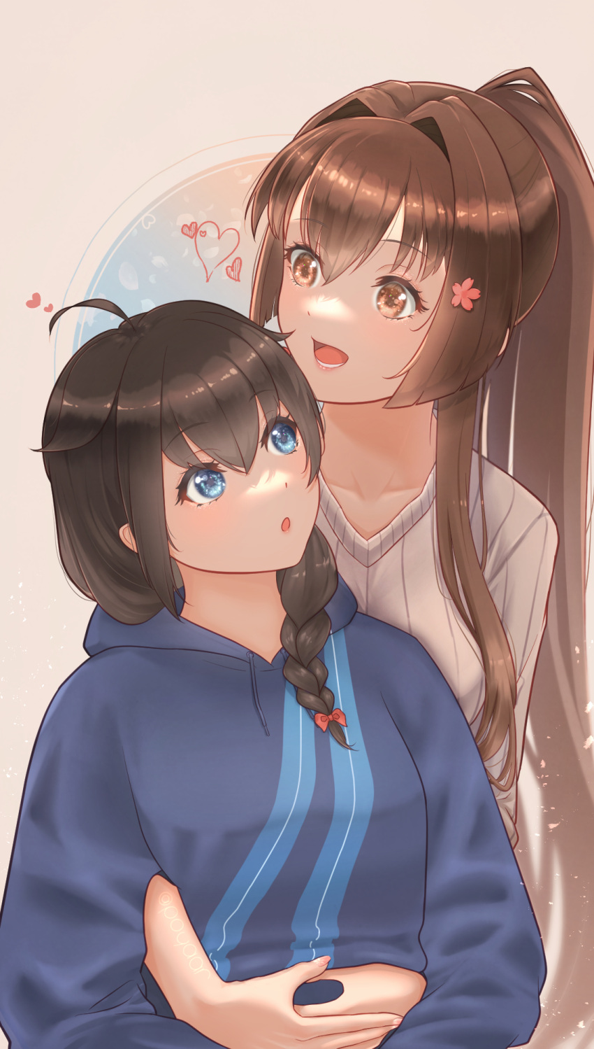 2girls ahoge black_hair blue_eyes blue_sweater braid brown_eyes brown_hair brown_sweater cherry_blossoms commentary_request hair_flaps hair_intakes highres hood hooded_sweater hoodie hug hug_from_behind kantai_collection long_hair multiple_girls official_alternate_costume ponytail ribbed_sweater shigure_(kancolle) shigure_kai_ni_(kancolle) single_braid snosnow sweater upper_body yamato_(kancolle)