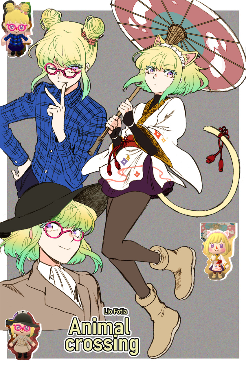 302 3boys alternate_costume androgynous animal_crossing animal_ears ascot blonde_hair blue_shirt cat_ears cat_tail glasses gradient_hair green_hair hat highres japanese_clothes lio_fotia maid_headdress male_focus multicolored_hair multiple_boys otoko_no_ko pantyhose parasol plaid promare red-framed_eyewear shirt short_hair sidelocks sun_hat tail umbrella villager_(animal_crossing) violet_eyes