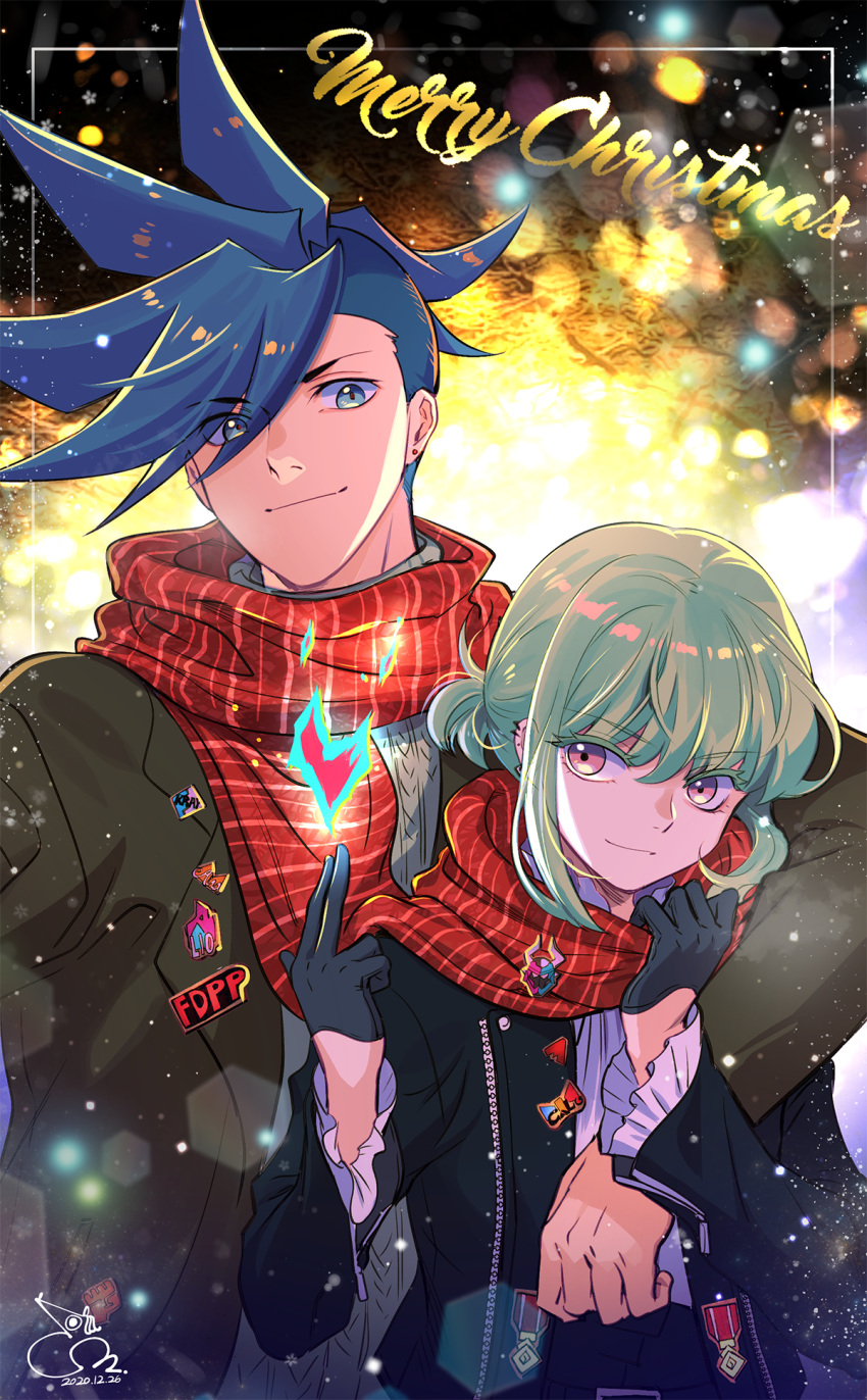 2boys 302 black_gloves blonde_hair blue_fire blue_hair eyes_visible_through_hair fire galo_thymos gloves green_hair hair_up half_gloves heart highres lio_fotia male_focus merry_christmas multiple_boys otoko_no_ko pink_fire promare purple_fire pyrokinesis scarf shared_scarf short_ponytail sidecut sidelocks violet_eyes winter_clothes