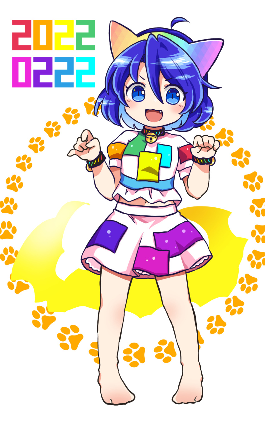1girl animal_ears barefoot bell blue_eyes blue_hair blush cat_ears cosplay crop_top dated fake_animal_ears fang full_body goutokuji_mike goutokuji_mike_(cosplay) hair_between_eyes highres jingle_bell navel open_mouth patch paw_print pote_(ptkan) rainbow_gradient short_hair short_sleeves skirt smile solo tenkyuu_chimata touhou white_skirt