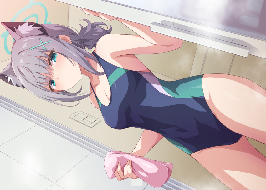 1girl ahoge animal_ear_fluff animal_ears aqua_eyes armpits bangs bare_arms bare_shoulders bathroom blue_archive blue_eyes blue_swimsuit breasts cat_ears collarbone competition_swimsuit cowboy_shot dutch_angle eyebrows_visible_through_hair hair_ornament hairclip holding indoors looking_at_viewer marugoshi_(54burger) medium_breasts one-piece_swimsuit ponytail reward_available shiroko_(blue_archive) short_hair sidelocks silver_hair solo standing swimsuit thighs tiles towel