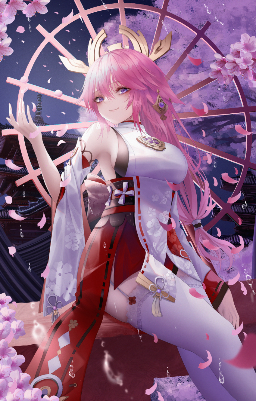 1girl absurdres architecture armpit_peek bangs breasts detached_sleeves east_asian_architecture fingernails flower garter_straps genshin_impact hair_between_eyes highres japanese_clothes jewelry large_breasts long_hair low-tied_long_hair outdoors pink_hair sitting smile solo thigh-highs thighs tree turbulence violet_eyes water_drop white_legwear yae_miko