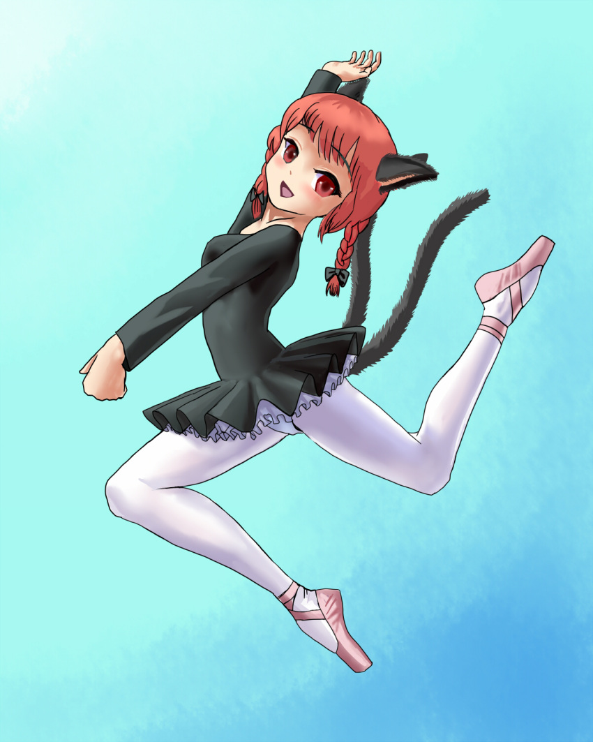1girl :d alternate_costume animal_ears bad_hands ballerina black_bow blue_background bow braid breasts cat_ears cat_tail eyebrows_visible_through_hair full_body gradient gradient_background hair_bow hair_ribbon highres kaenbyou_rin leg_up long_hair long_sleeves looking_at_viewer multiple_tails nekomata open_mouth pantyhose petticoat pink_footwear red_eyes redhead ribbon simple_background small_breasts smile solo tail touhou tress_ribbon twin_braids twintails two_tails usui_ou white_legwear