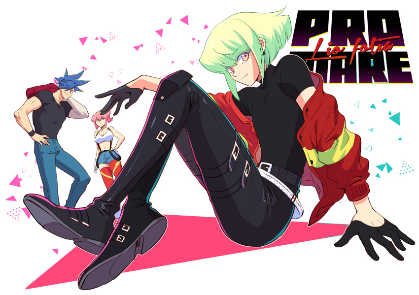 1girl 2boys 302 aina_ardebit blue_hair denim firefighter firefighter_jacket galo_thymos gloves green_hair half_gloves highres jeans leather leather_pants lio_fotia male_focus multiple_boys pants pink_hair promare side_ponytail sitting violet_eyes