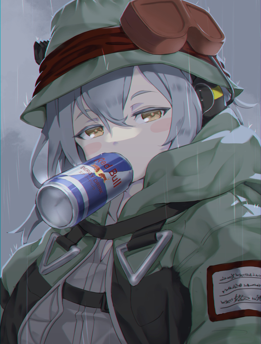 1girl absurdres bangs blush_stickers bucket_hat coat g11_(girls'_frontline) girls_frontline goggles goggles_on_headwear green_coat green_headwear grey_shirt greyscale half-closed_eyes hat headphones highres hooded_coat kagami_(haret46) long_hair looking_at_viewer mod3_(girls'_frontline) monochrome mouth_hold rain red_bull shirt solo upper_body yellow_eyes