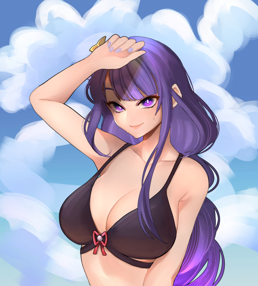 1girl bangs bikini bikini_top_only braid closed_mouth clouds cloudy_sky commentary day english_commentary genshin_impact highres long_hair looking_at_viewer mole mole_under_eye pksou purple_hair purple_nails raiden_shogun sky smile solo swimsuit violet_eyes