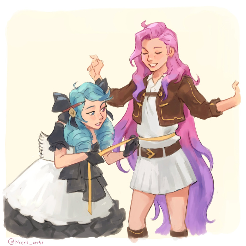 2girls artist_name bangs belt black_bow black_dress bow breasts brown_belt brown_jacket cropped_jacket cropped_legs dress drill_hair green_hair grey_background grin gwen_(league_of_legends) hair_bow highres jacket jewelry kherl league_of_legends long_hair long_sleeves measuring multiple_girls pen pink_hair puffy_short_sleeves puffy_sleeves seraphine_(league_of_legends) short_sleeves simple_background skirt smile tape_measure teeth twin_drills twintails white_skirt